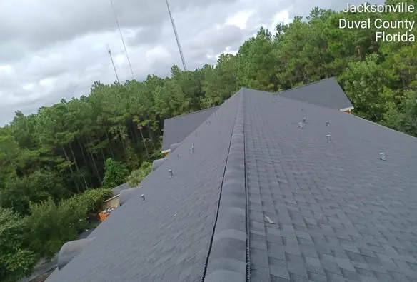 Aerial view of a completed architectural shingle roof in Jacksonville, Florida